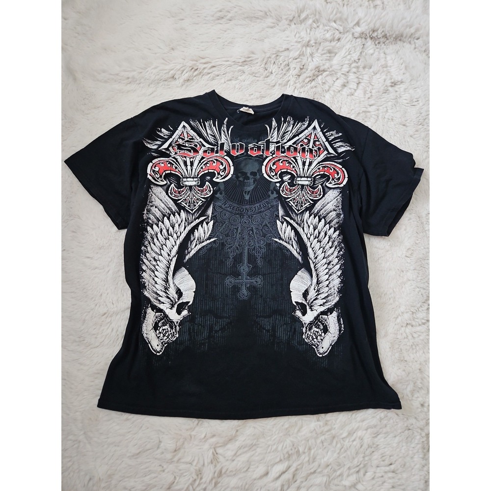 Vintage Gildan Salvation Graphic T Shirt XL Black Gothic Skull Angel Wings Cross